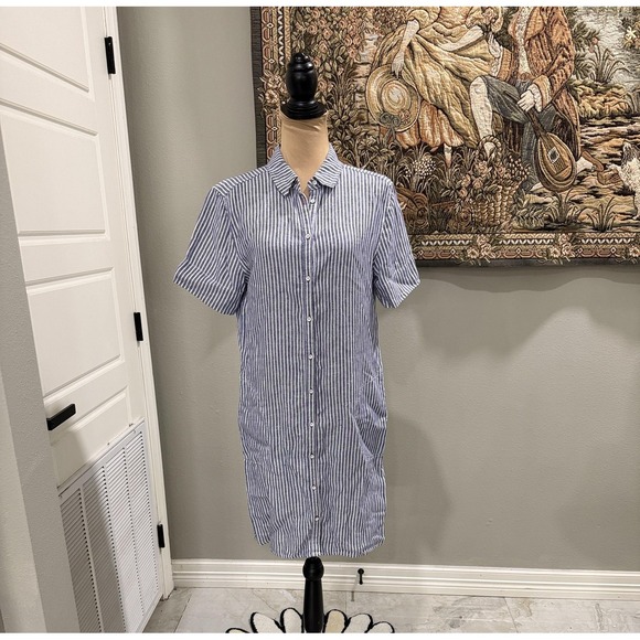 Tahari Dresses & Skirts - Tahari Dress Womens Medium Blue White Striped Linen Shirt Short Sleeve Casual